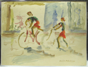 Watercolour drawing, 'Children with Bicycle' by Neville Bunning