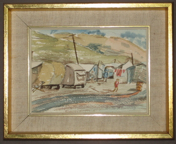 Watercolour on paper, [Camp site with washing] by Neville Bunning