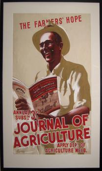 Large format poster of a farmer reading a book