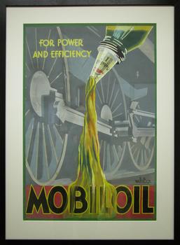 Oil pouring from a bottle in front of a steam engine.