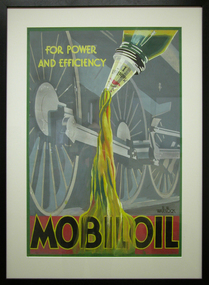 Oil pouring from a bottle in front of a steam engine.