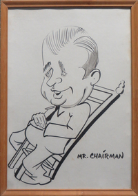 Ink on card, 'Bill Durant in Neville Bunning's Chair' by Henry Moritz, 2002