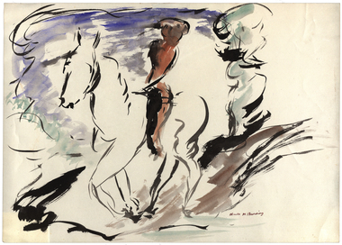 Watercolour & ink, Neville Bunning, 'Man on Horse' by Neville Bunning