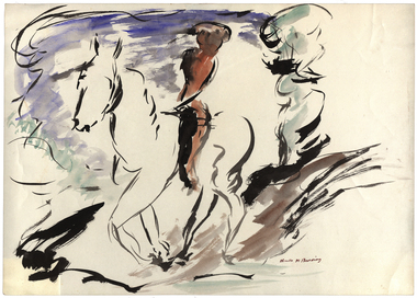 Watercolour & ink, Neville Bunning, 'Man on Horse' by Neville Bunning