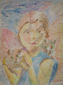 Pastel on board, Portrait with Woman and Two Cats