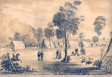 Print - Printmaking - Lithograph, Tulloch, David, 'Commissioner's Tent & Officers' Quarters, Forest Creek' by Thomas Ham, 1852