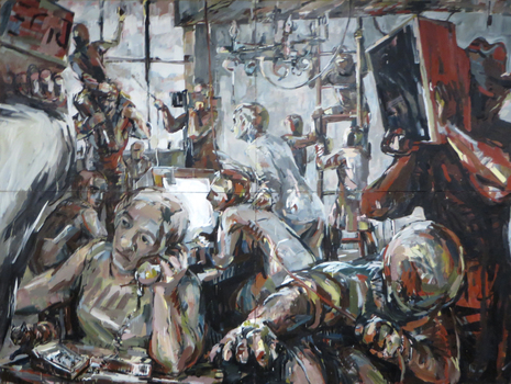 A very large painting showing a person working in an office