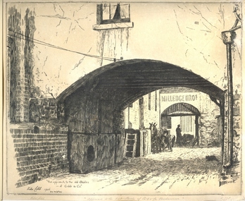 Etching of a roadway behind an arch.