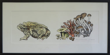 Printmaking - linocut with watercolour handcoloure, Ropponen, Jonas, 'Two Toads Together and Toadstools' by Jonas Ropponen, 2007