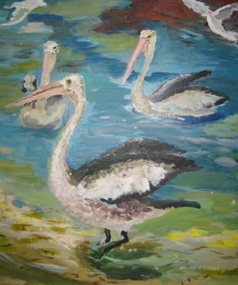 Oil on masonite, Neville Bunning, [Pelicans] by Neville Bunnings