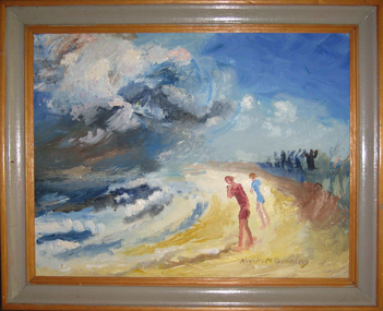 Oil on masonite, Neville Bunning, 'Storm over Merimbula - Pambula Beach' by Neville Bunning