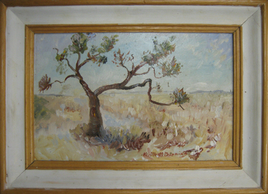 Oil on masonite, Lone Tree (on the Plains of Central Australia) by Neville Bunning