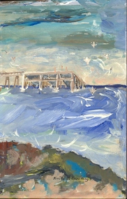 Oil on masonite, Neville Bunning, 'Old Wharf Merrimbula' by Neville Bunning