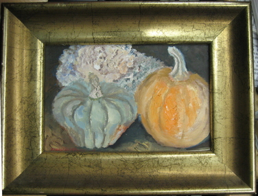 Oil painting, 'Pumpkins & Hydrangeas' by Neville Bunning