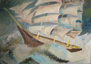 Oil on masonite, 'The Fantastic Ship' by Neville Bunning