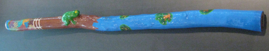 Timber, acrylic paint, glass coat, beeswax, 'Frog Didgeridoo' by Peter Clarke, 2008