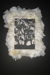 Hand fashioned paper, wattle, linoprint, Farm Scene, 2009