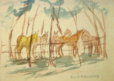 Watercolour, Neville Bunning, 'Horses in a Scrub Yard'  by Neville Bunning, 2008