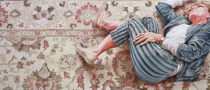 A painting of a women lying on a patterned carpet