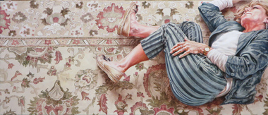 A painting of a women lying on a patterned carpet