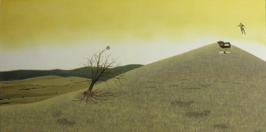 A man and a house float in a golden landscape
