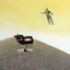 A man and a house 'lift off' in a golden lansdcape 