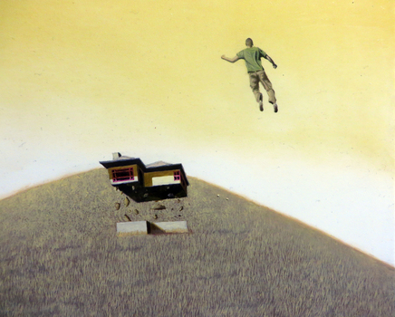 A man and a house 'lift off' in a golden lansdcape 