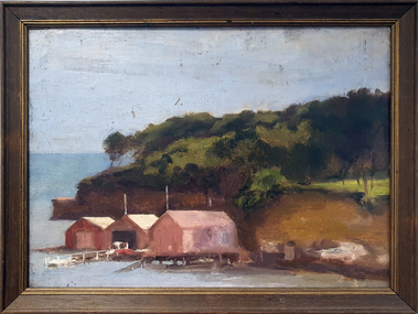 coastal scene with three huts