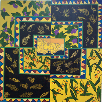 A painting with Aboriginal imagery such as kangaroos and birds