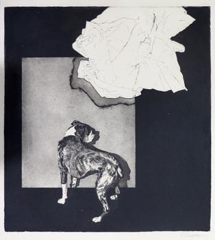 Etching featuring a dog