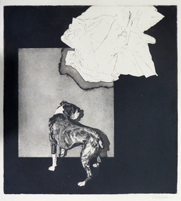 Etching featuring a dog