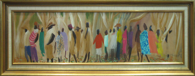A number of people stand in the landscape.
