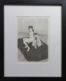Work on paper - Artwork - Printmaking, (Nude seated facing left with robe on second chair, on shag rug), by John Brack, c1982