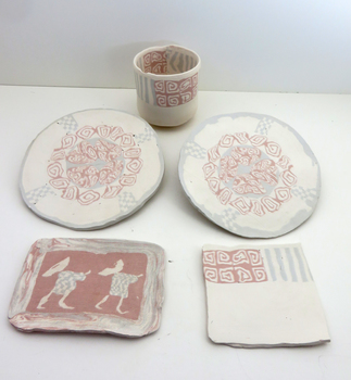 Five test slabs with colour inlays bisque fired.