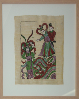 Colored picture of three women surrounded by ribbons