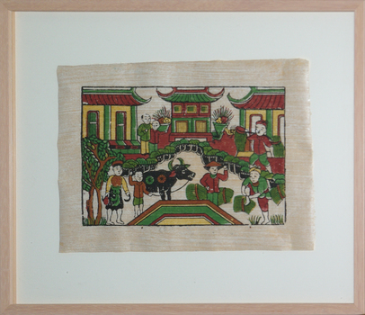 Village scene including a bull