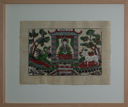 Person in a temple with crane on the left and goat on the right