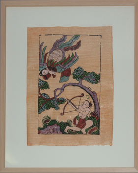 Man using bow and arrow to shoot a bird that is holding a person