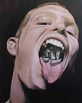 A portrait of a male face with tongue sticking out and a house inside the mouth