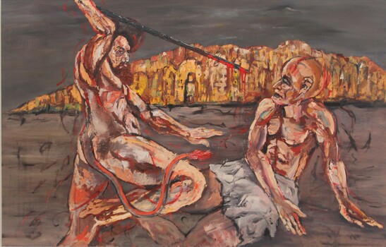 A man is on the ground, and another towers over him with a spear