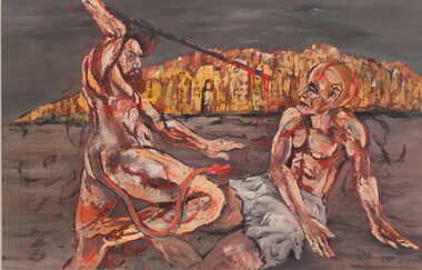 A man is on the ground, and another towers over him with a spear