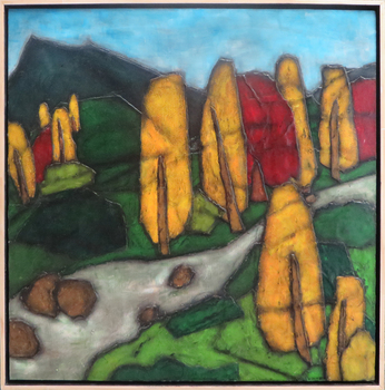 An abstracted landscape featuring yellow trees
