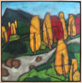 An abstracted landscape featuring yellow trees
