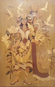 Marquetry work depicting women 