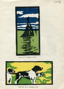 Work on paper - Print - linocut, [Yacht] by N. Roberts and [Dog] by J. Pittard, 1930s