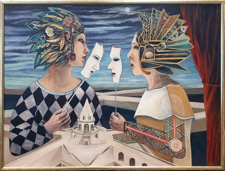 Painting with two peple in heAd-dresses holding masks