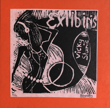 Bookplate featuring a dancing woman with headset