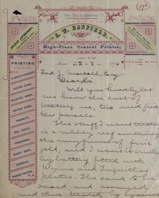 Letter, Letter on J.W. Banfield letter head (ararat Advertiser), 1898