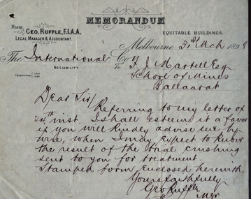 Letter, Letter from George Ruffle, Legal Manager and Accountant, 1898