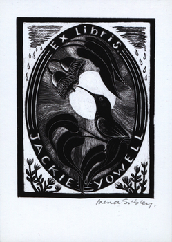 Bookplate featuring honeyeater, gum leaves and flowers